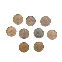 Nine halfpenny coins, dated George II 1730, George III 1772, 1773, Queen Victoria 1853, 1854, 1855, 1856, 1857 and 1859