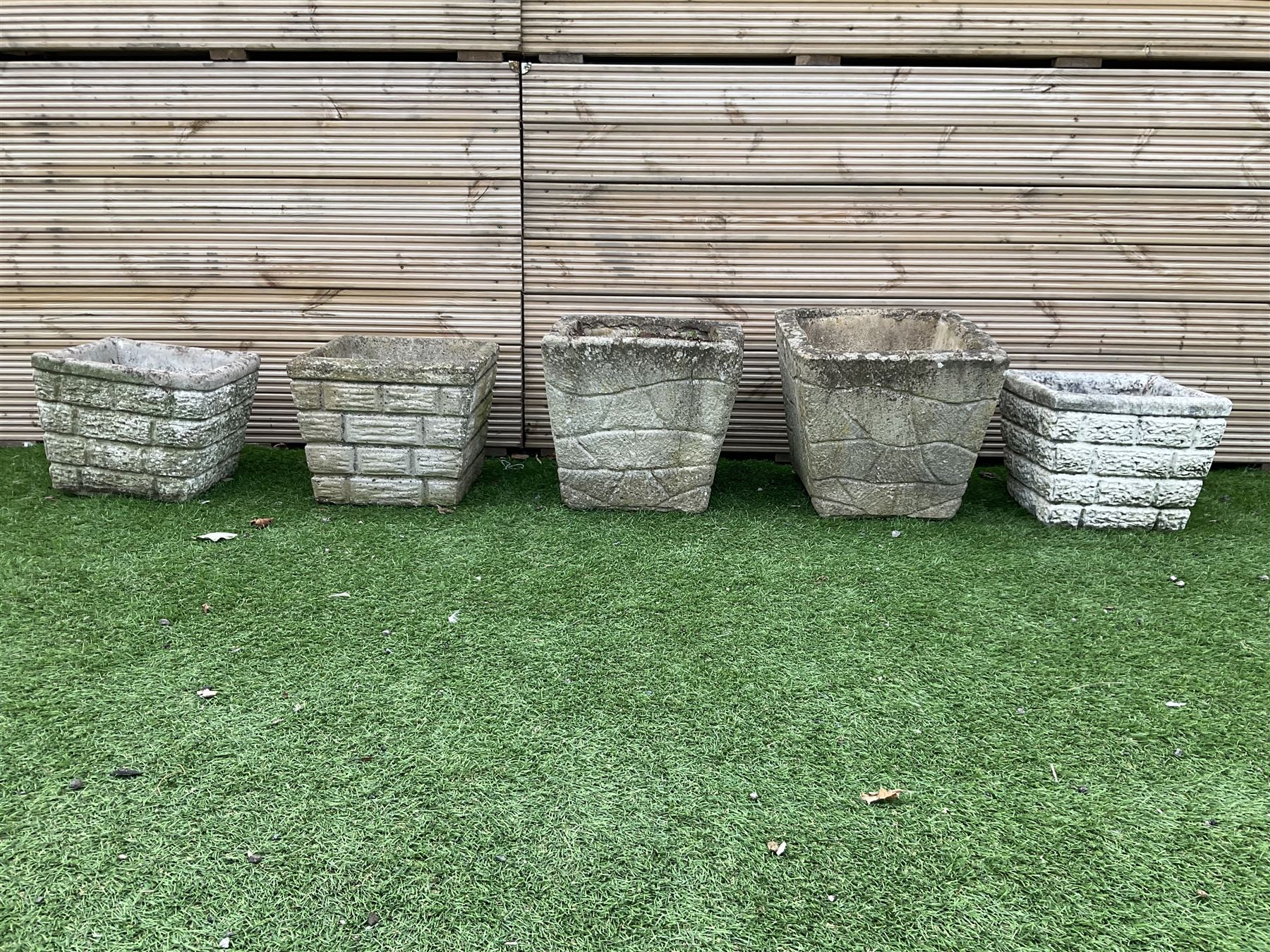 Set of five cast stone square planters  - THIS LOT IS TO BE COLLECTED BY APPOINTMENT FROM DUGGLEBY STORAGE, GREAT HILL, EASTFIELD, SCARBOROUGH, YO11 3TX