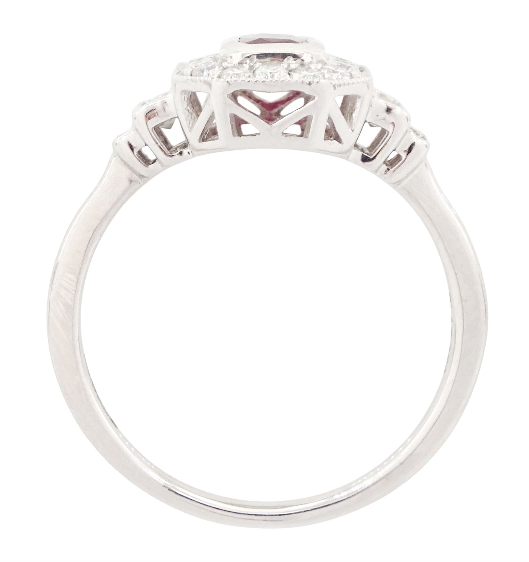 Platinum ruby and diamond ring, single octagonal cut ruby of approx 0.60 carat, with milgrain set round brilliant cut diamond surround and baguette cut diamond shoulders, hallmarked, total diamond weight approx 0.45 carat
