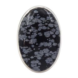 Large silver single stone snowflake obsidian ring, stamped 925