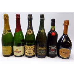  Mixed alcohol incl. Champage - Fluteau, Harrods, Oeil De Perdrix, Ruinart Brut Rose, Taylor's LBV Port 1982, Valumba Pinot Noir, 6btls  