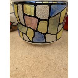Two Tiffany style domed lampshades, together with a circular glass shade with stained glass decoration, largest H15cm, D30cm