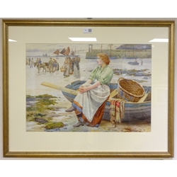  Ralph Todd (Newlyn School 1856-1932): Fisher-Girl Waiting on the Shore, watercolour signed 38cm x 54cm  