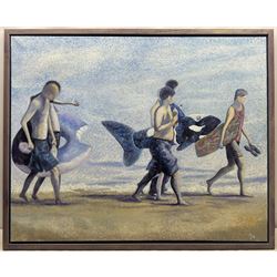 Peter J Bailey (British 1951-): 'The Wild Swimmers' - South Bay Scarborough, oil on canvas signed, titled verso 81cm x 102cm