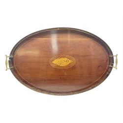 Edwardian mahogany oval tray, with inlaid central shell motif, gilded brass side handles and a glass cover, L60cm
