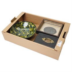Sophie MacCarthy studio pottery bowl with olive decoration, leather jewellery box; and two...