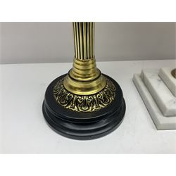 Brass Corinthian column oil lamp, upon stepped marble base, together three other brass table lamps, tallest H68cm
