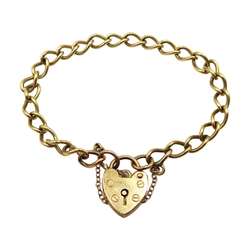 9ct gold curb chain bracelet with heart locket hallmarked, approx 9.9gm