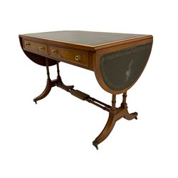 20th century yew wood sofa table/desk, two D shaped drop leaves, inset leather writing surface