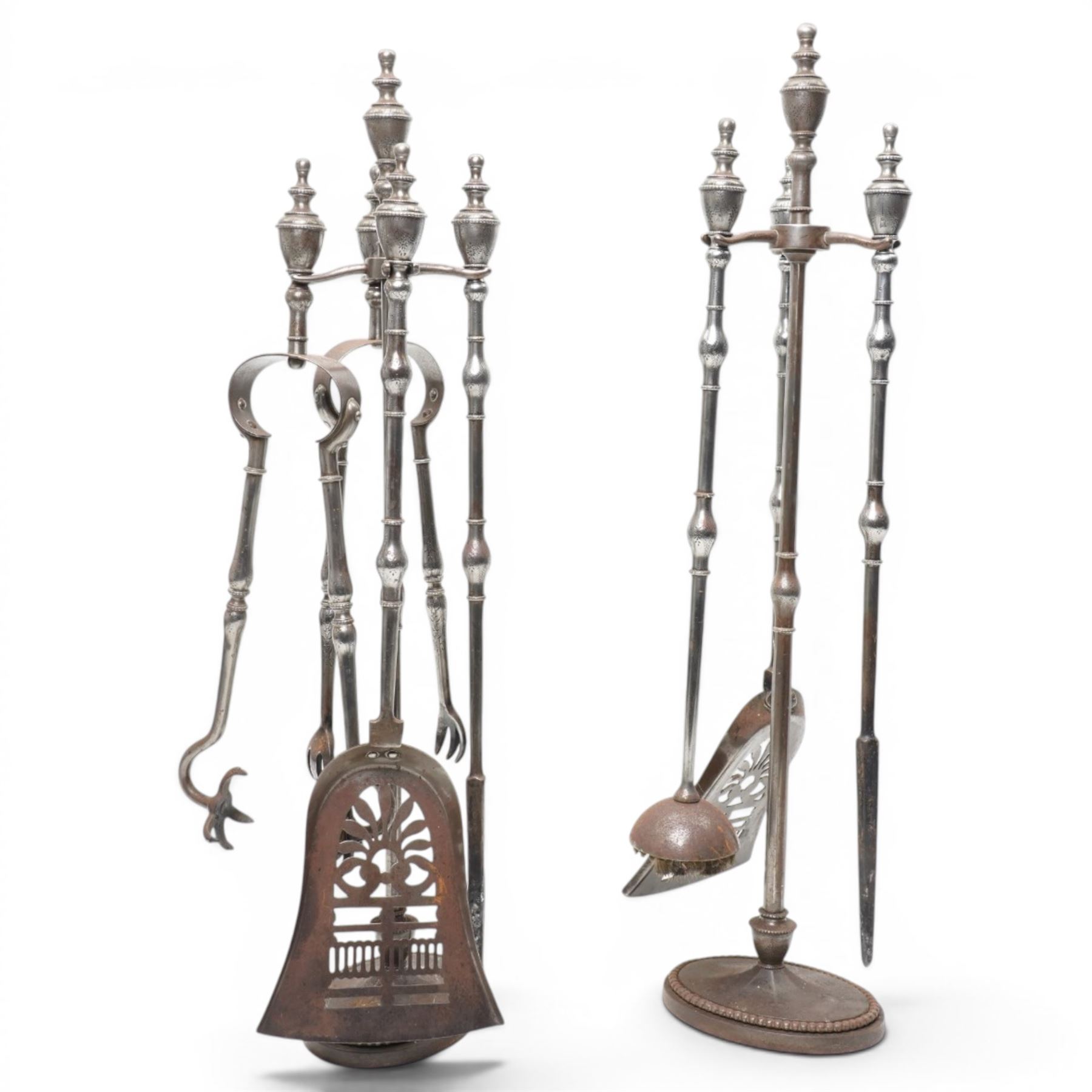 Two 19th century fireside companion sets, one four piece and one three piece, the stand and irons with etched foliate motifs, larger H74cm (2)
Provenance: Kirkham Hall