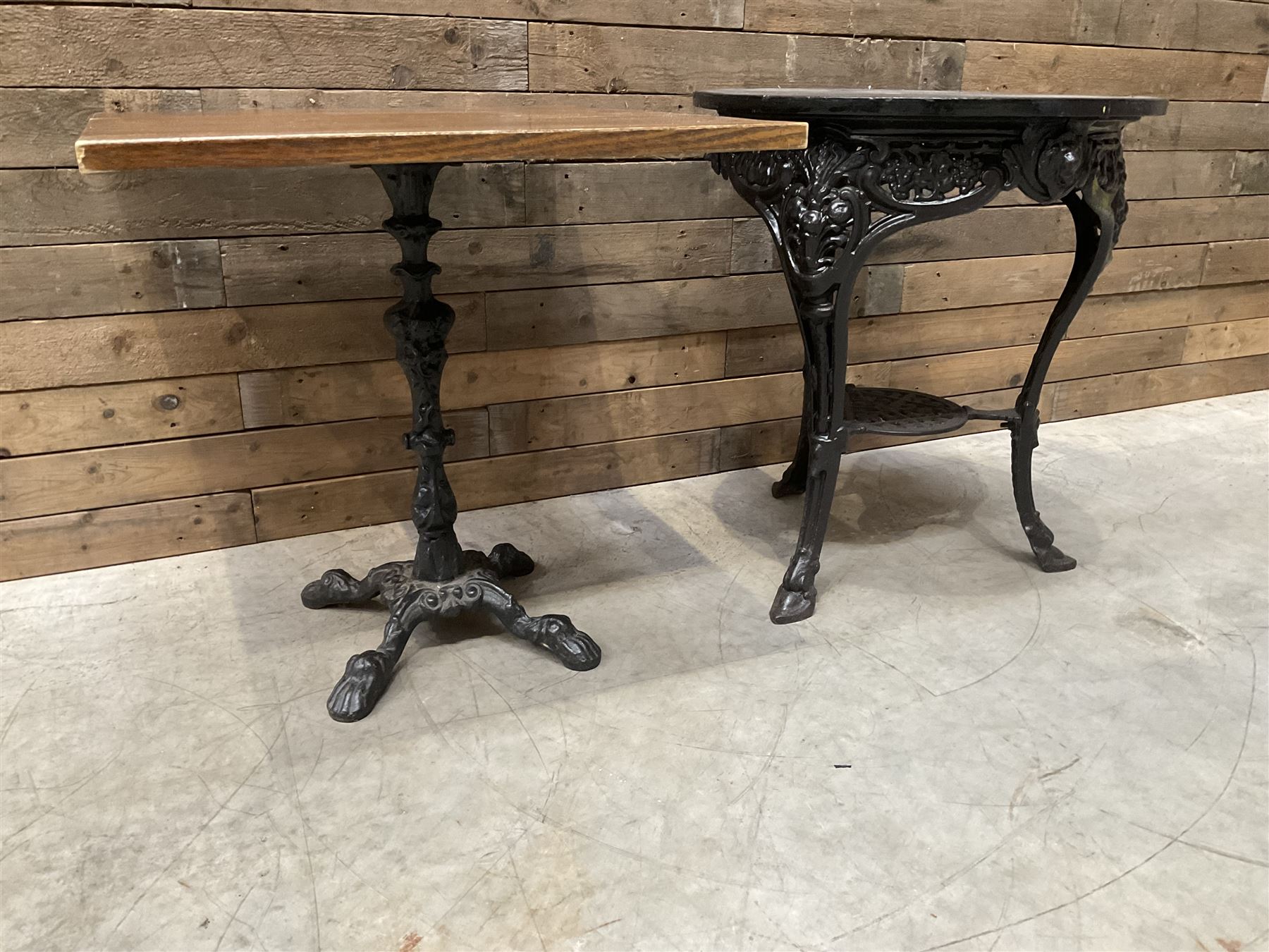 19th century cast iron Coalbrookdale design table with circular top (D66cm, H74cm) and a cast iron pedestal table with square top (W69cm, D70cm, H72cm)