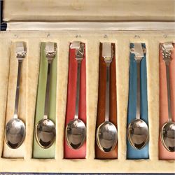 Cased set of silver Signs of the Zodiac spoons each with a different terminal L11cm London 1964 Maker Joseph Gloster Ltd