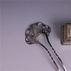 Late Victorian silver mounted stamp box, the hinged lid with three glazed panels, hallmarked Grey & Co, London 1900, together with a late Victorian silver hair comb and a cased set of six silver coffee spoons
