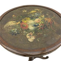 Early Victorian rosewood tripod pedestal table, circular moulded top hand painted with flowers and birds on slate, on tapered hexagonal column with carved acanthus leaf baluster, three splayed supports carved with foliage and scrolling terminals 