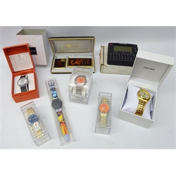  Four Swatch Quartz wristwatches incl. Irony Stainless steel, Pulsar & Chevirex wristwatches, all in original boxes, Sarome lighter and case set & Traveller route finder  