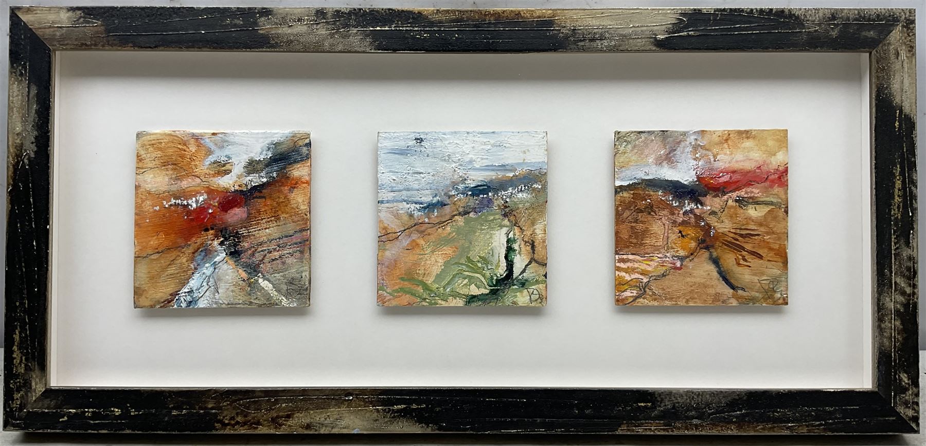 David Baumforth (British 1945-): North York Moors Landscapes, triptych of three mixed media on board framed as one signed with monogram, each 12cm x 12cm