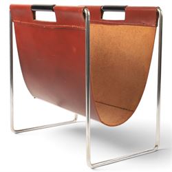 Van Elderen for Brabantia - mid 20th century, chrome and slung leather magazine rack