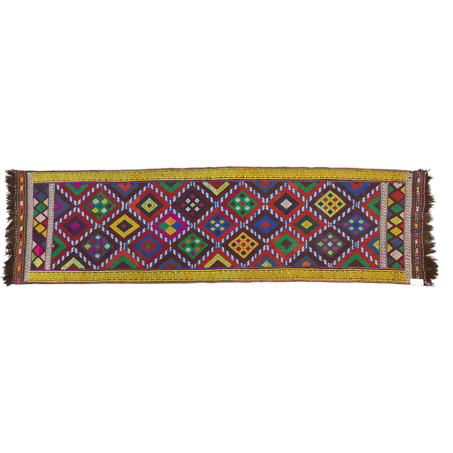 Central Asian Suzani kilim flatweave runner, decorated with a repeating diamond lattice enclosing polychrome geometric motifs within yellow key fret borders, fringe ends 