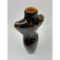 A 1980's Murano tortoiseshell effect glass sculptural vase, modelled in the form of a female torso, unsigned, H34cm. 