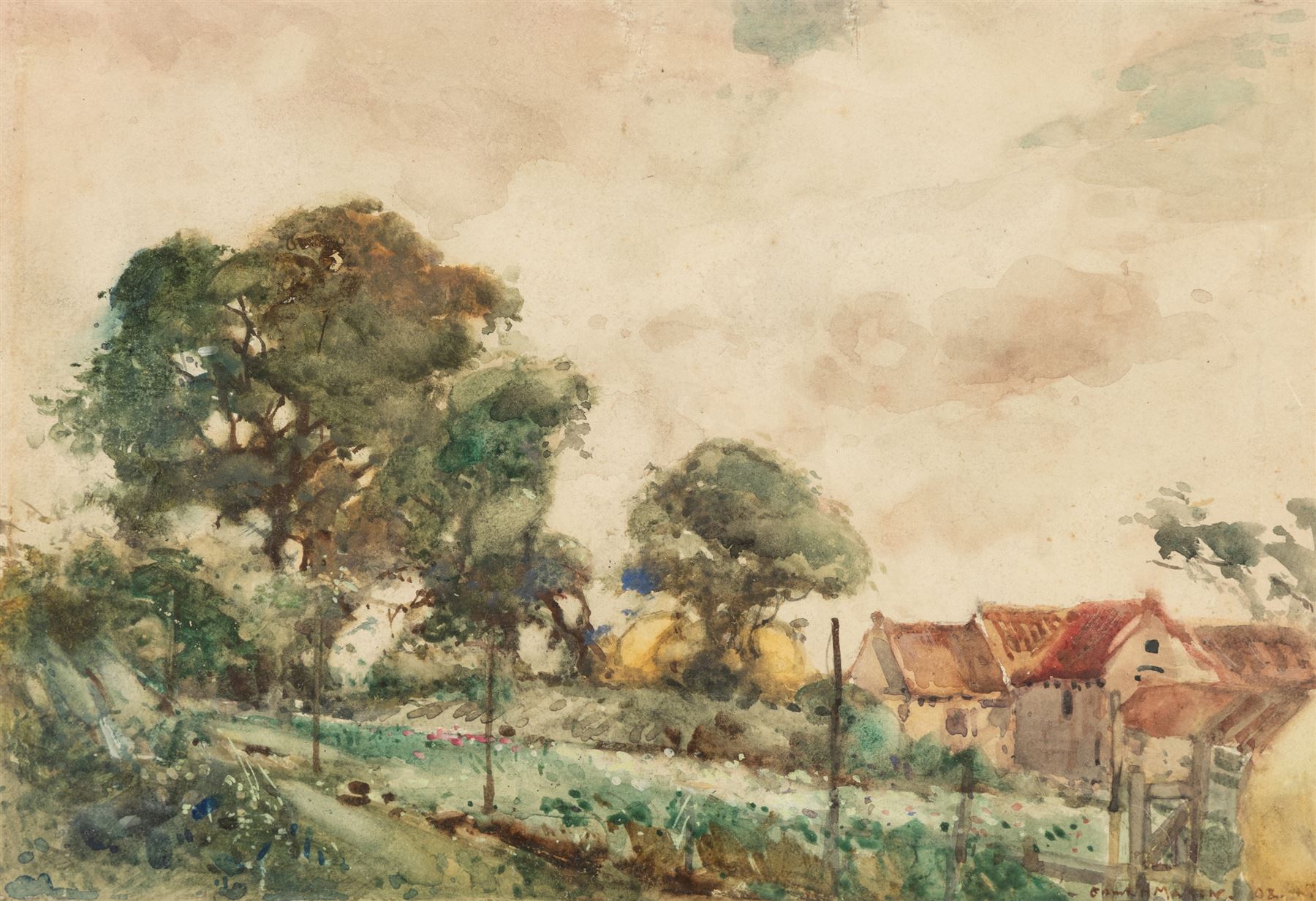 Frank Henry Mason (Staithes Group 1875-1965): Farmstead near Hinderwell, watercolour signed and dated '08, 24cm x 35cm