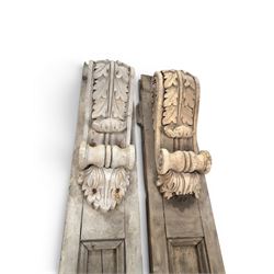 Pair of 19th century pine architectural pilasters, with painted terracotta capitols, with acanthus and scroll detail (18cm x 15cm x 57cm)