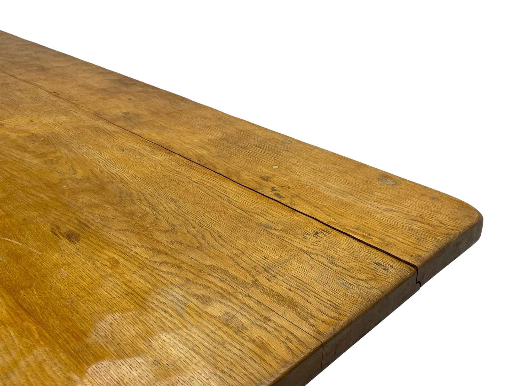 Gnomeman - large oak refectory dining table, rectangular adzed top on shaped end supports with sledge feet, united by pegged stretcher, carved with gnome signature, by Thomas Whittaker, Little Beck