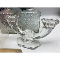 Val St. Lambert cut glass twin branch candelabra, signed beneath, together with quantity of other glassware to include decanters, etc