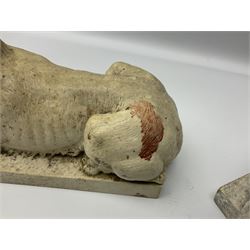 Two early 20th century reconstituted stone Grand Tour or Chatsworth House type lions after Antonio Canova, each modelled in recumbent pose upon a rectangular plinth, signed to plinth Dilettanti, each approximately L31cm