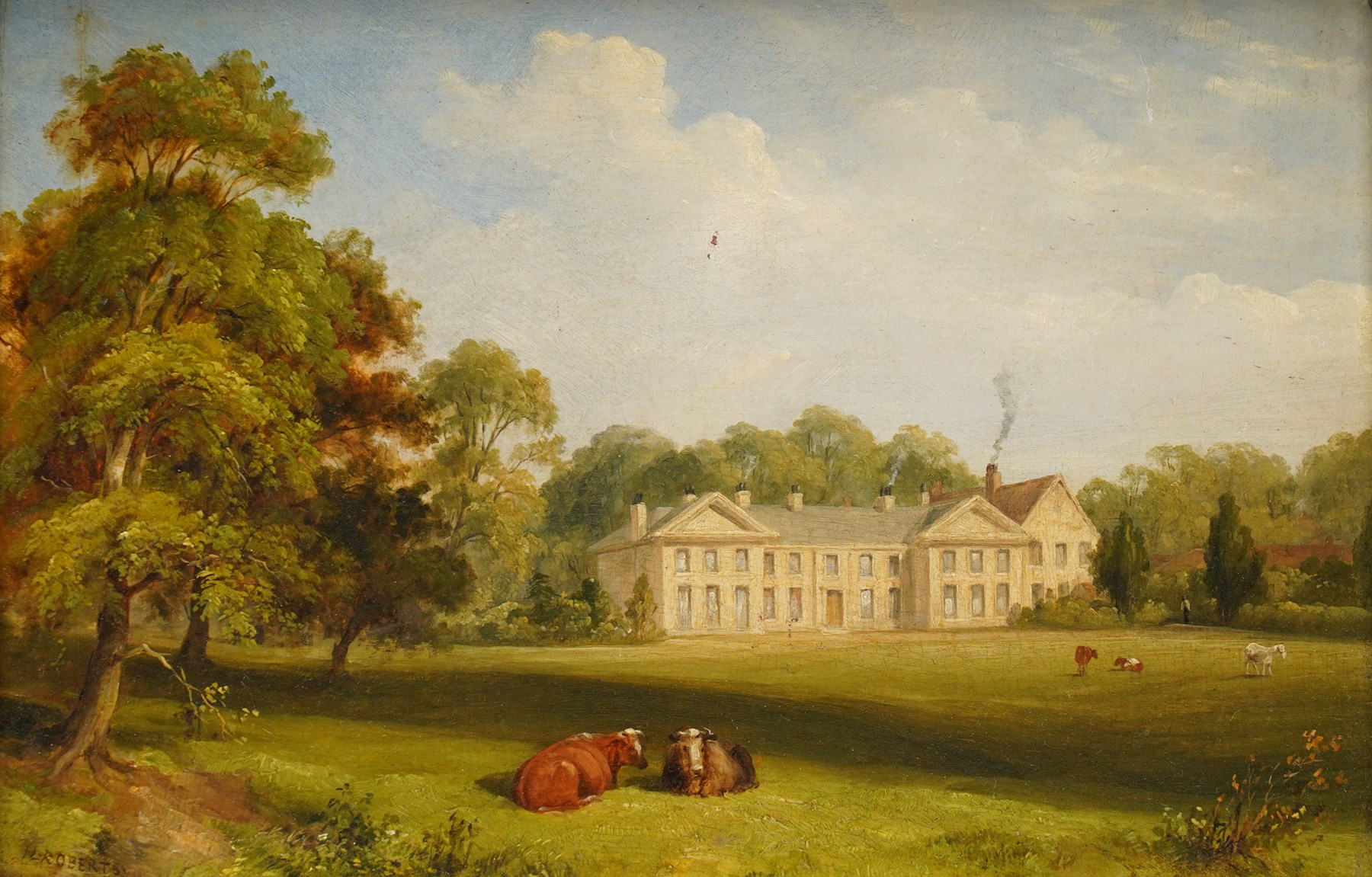 JL Roberts (British 19th century): ‘The Old Hall - Anlaby East Yorkshire', oil on wood panel signed, titled and dated 1830 verso 19cm x 29cm
