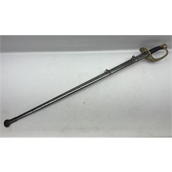 Mid-19th century French 2nd Empire Heavy Cavalry trooper's sword, the 98.5cm double fullered blade with various stamped marks, four-bar brass hilt with leather grip, knucklebow with various stamped marks and numbered 680; in similarly numbered polished steel scabbard with two suspension rings L118.5cm overall