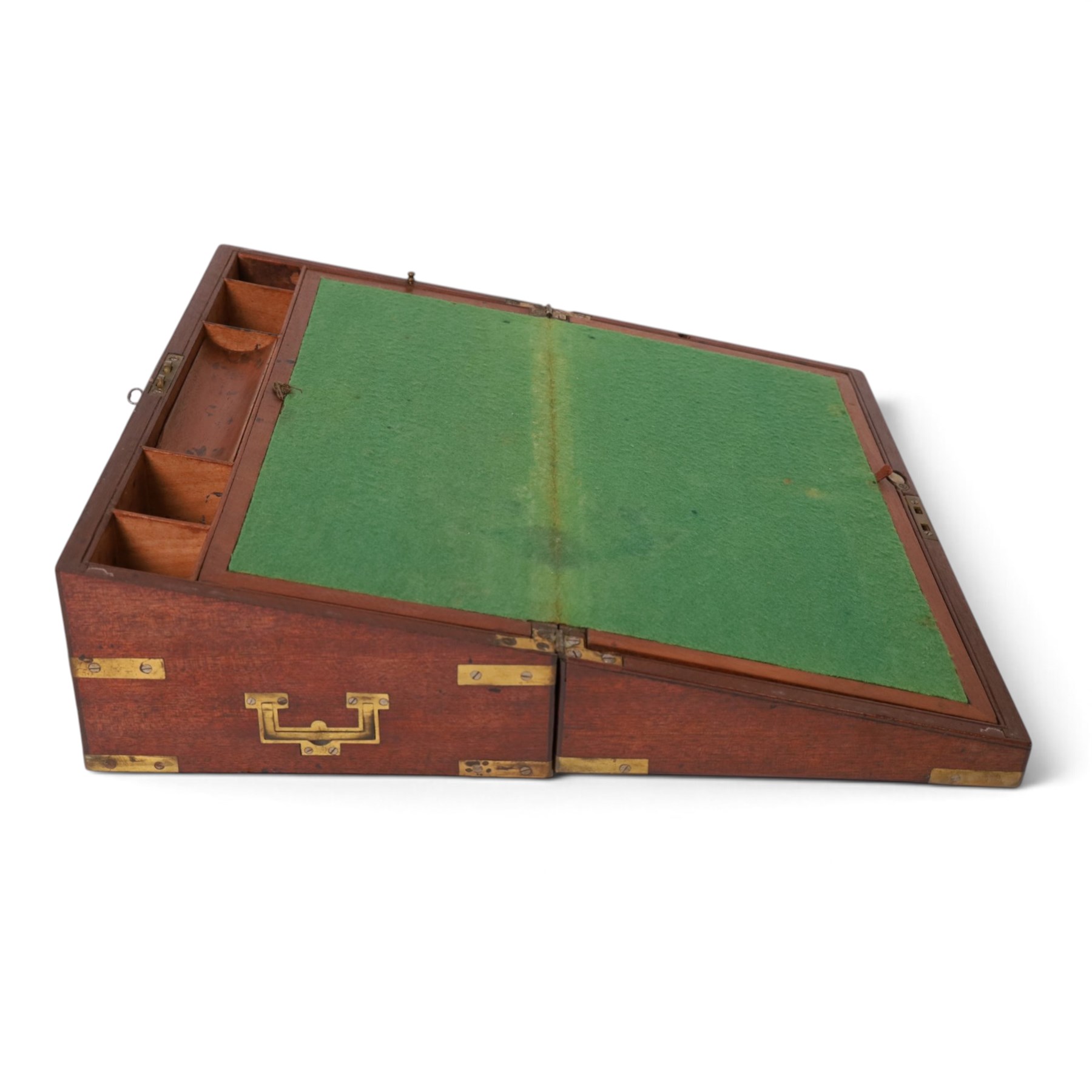 Mid 19th century brass bound mahogany writing box, with flush handles and side draw, the hinged lid opening to reveal a green felt writing slope, H16cm, L46cm 