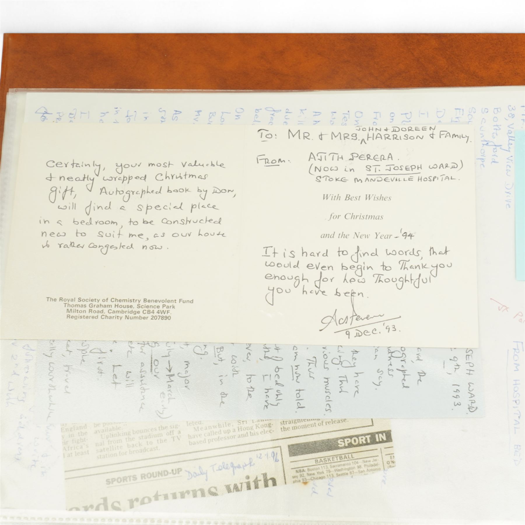 K S Ranjitsinhi - Jubilee Book of Cricket 1897, rebound in full calf and incorporating approximately 250 autographs of international cricketers, collected, compiled and presented by John E Harrison, all edges gilt together with a folder of correspondence, birthday card from Don Bradman, cuttings and autographs etc and a small album of photographs and correspondence