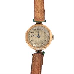 Three 9ct gold cased ladies wristwatches, including two with leather straps and one with an expanding gilt strap 