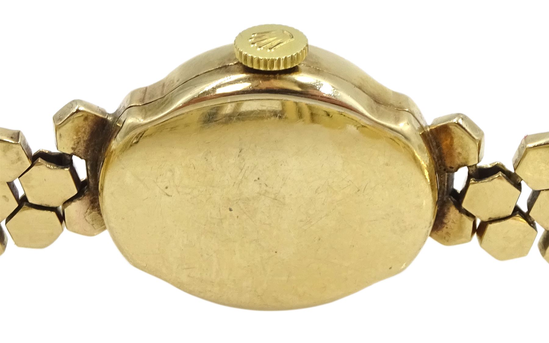 Rolex Precision 9ct gold ladies manual wind wristwatch, case No. 359099 and hallmarked Chester 1960, on three row hexagonal brick link bracelet, in original Rolex box 