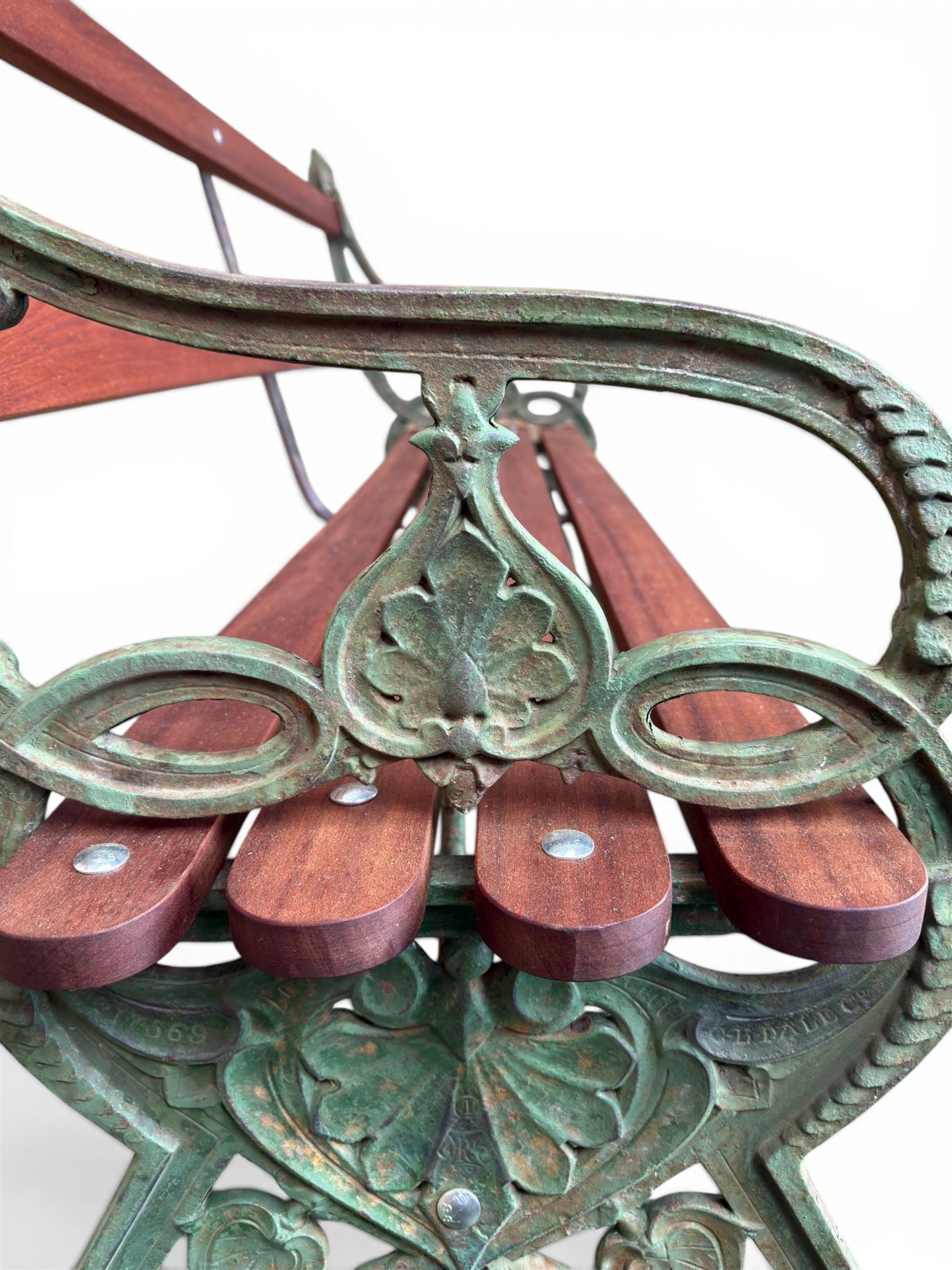 Coalbrookdale - Lily Pad design cast iron an wood slatted garden bench, late 19th century Aesthetic Movement, no. 217569, distressed green paint, iron centre support and seat stretcher, hardwood slatted