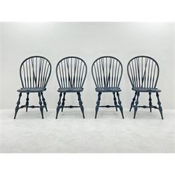 D.R. Dimes Furniture - set six American Windsor dining chairs, hoop and stick back on dished saddle seats, turned supports jointed by H stretchers, stamped underneath 'D.R.Dimes', two carvers and four side chairs