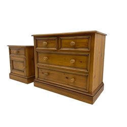 Solid pine chest, fitted with two short and two long drawers; and matching three drawer pedestal chest