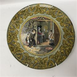 19th century Prattware table ware to include an oval footed dish decorated with a scene after Landseer 'Highland Music', retailed by James Muggleton L27.5cm, ‘The Truant’ plate after T. Webster, 'Blind Man's Buff' & 'Snap Dragon' tea plate, two side plates with malachite printed borders and others (17)