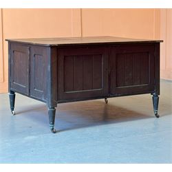 Late Victorian stained pitch pine free standing country house estate managers cabinet, the rectangular top above all round panelling enclosing an arrangement of cupboards, shelves and drawers, raised on turned and tapered supports terminating in brass and ceramic castors, ideal for kitchen island, H83cm, 137cm x 107cm. - COLLECTION BY APPOINTMENT FROM: The White House, Thirsk Road, Easingwold, York, YO61 3NF - CALL 01723 507111 TO ARRANGE