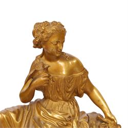 19th century French ormolu mantel clock, retailed by J & W Marshall, Paris, surmounted with a figure of in neo classical dress, with enamelled Roman dial marked James & Walter Marshall, H39cm 