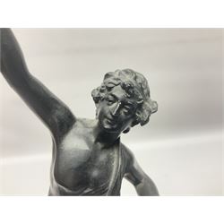 Pair of spelter figures, Le Force and Le Pouvoir, modeled as figures standing on lions, arms held aloft, H51cm 