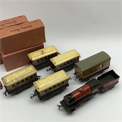 Hornby '0' gauge - M1 0-4-0 tender locomotive No.3435 with key, unboxed, three boxed and one loose Pullman coaches and boxed Guard's Van; together with two die-cast model cars by Dinky and Kembo