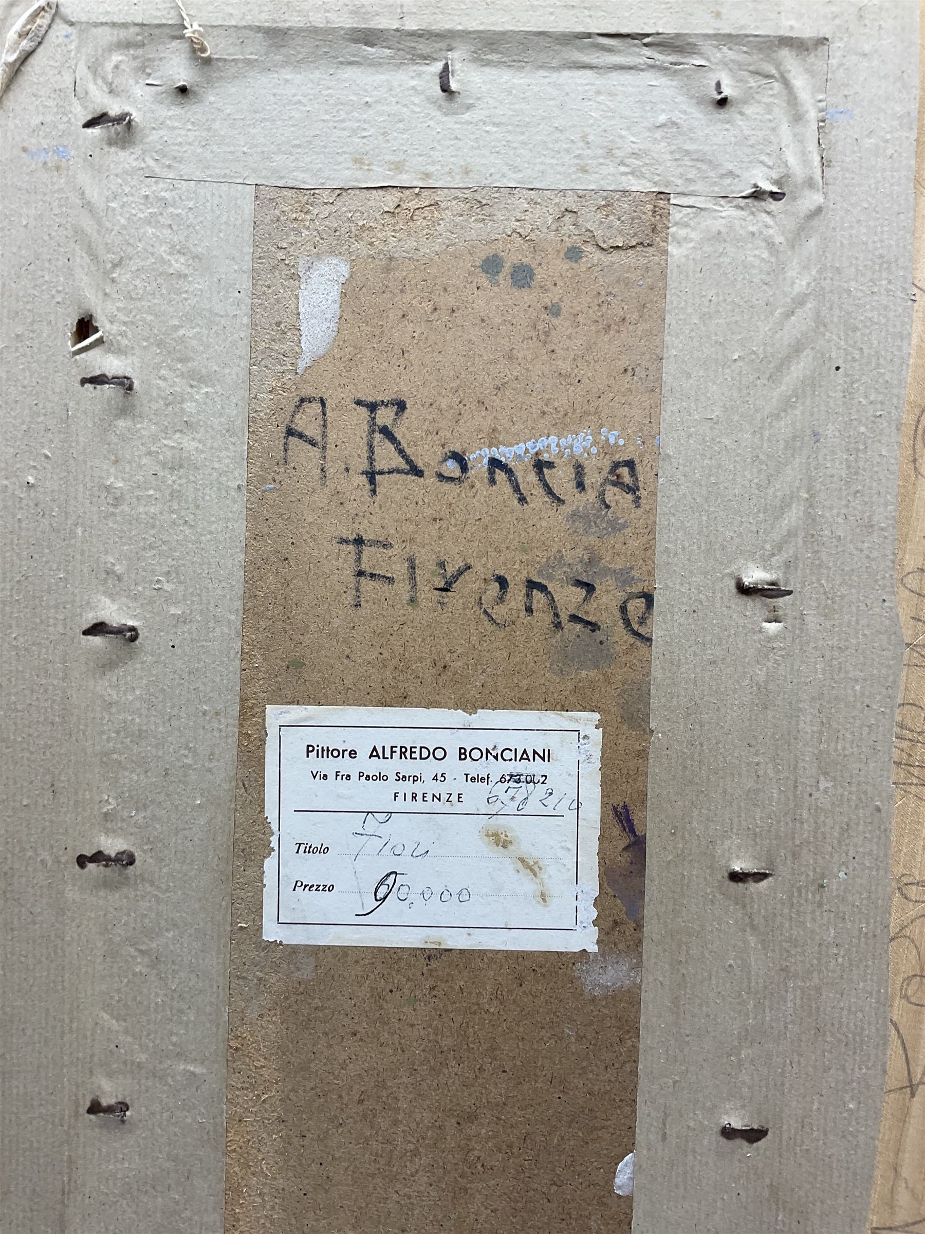 Alfredo Bonciani (Italian 1902-1988 ): Flowers in an Earthenware Vase, oil on board signed, artist's studio label verso 49cm x 19cm