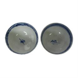 Two 19th century Chinese blue and white tea bowls, each decorated with traditional landscapes, together with two similar saucers, tea bowl H5cm, D9cm  