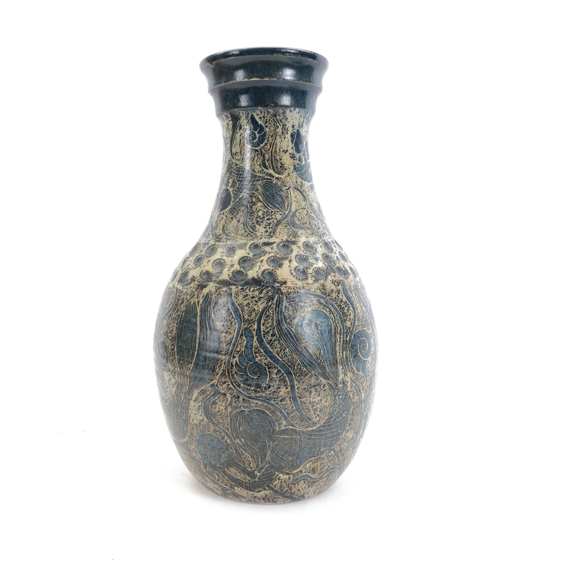 John Egerton (c1945-2024): studio pottery stoneware vase of baluster form, decorated with fish, mermaids and ammonites upon a blue ground, H56cm 