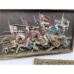 Two ceramic painted wall plaques by Marcus design, depicting a group of knights charging  in battle, H30cm W51.5cm, and two knights sword fighting, H22.5cm W32.5cm. 