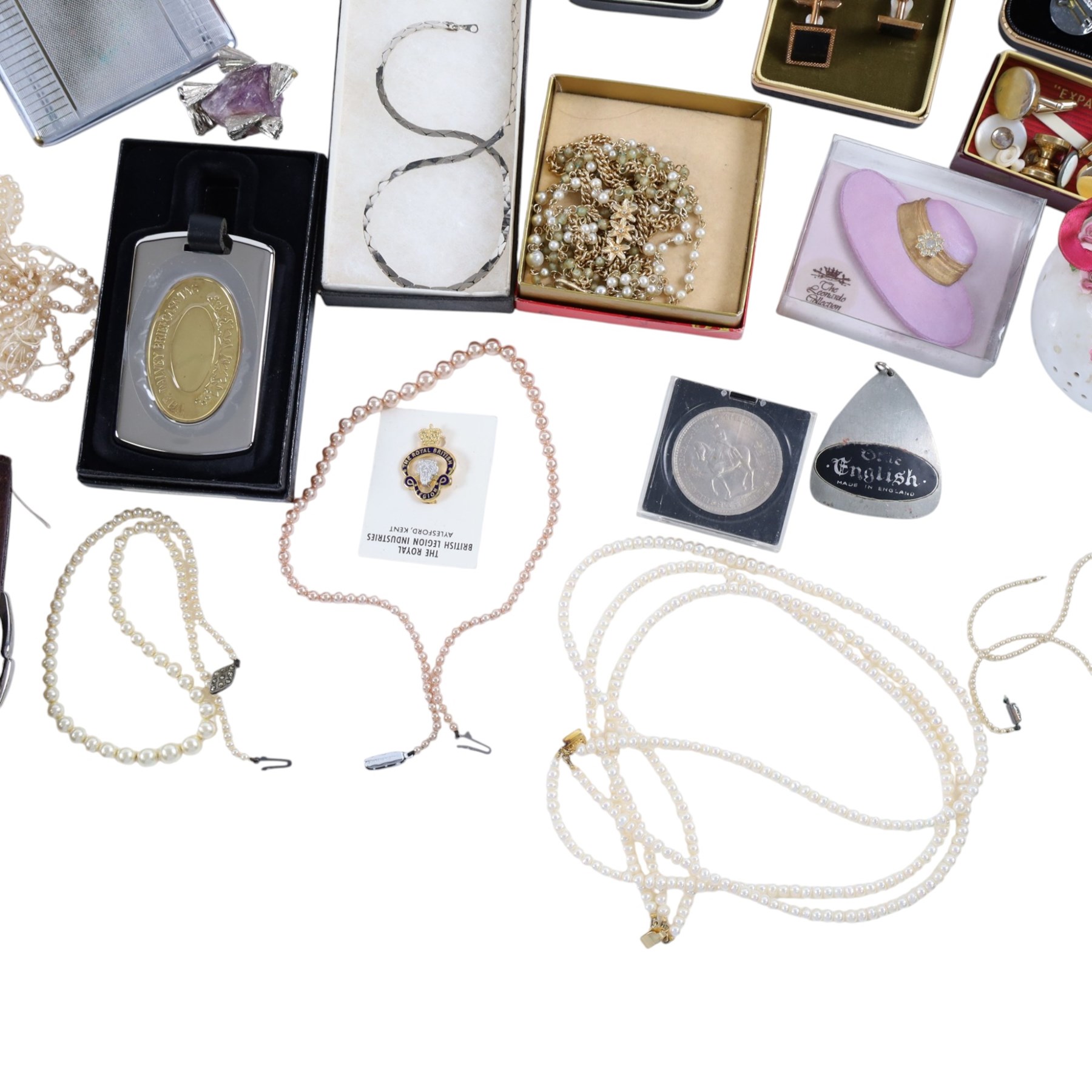 Collection of costume jewellery and wristwatches, including Rotary watches, faux pearl necklaces, etc, together with a Cummels trinket box and other collectables