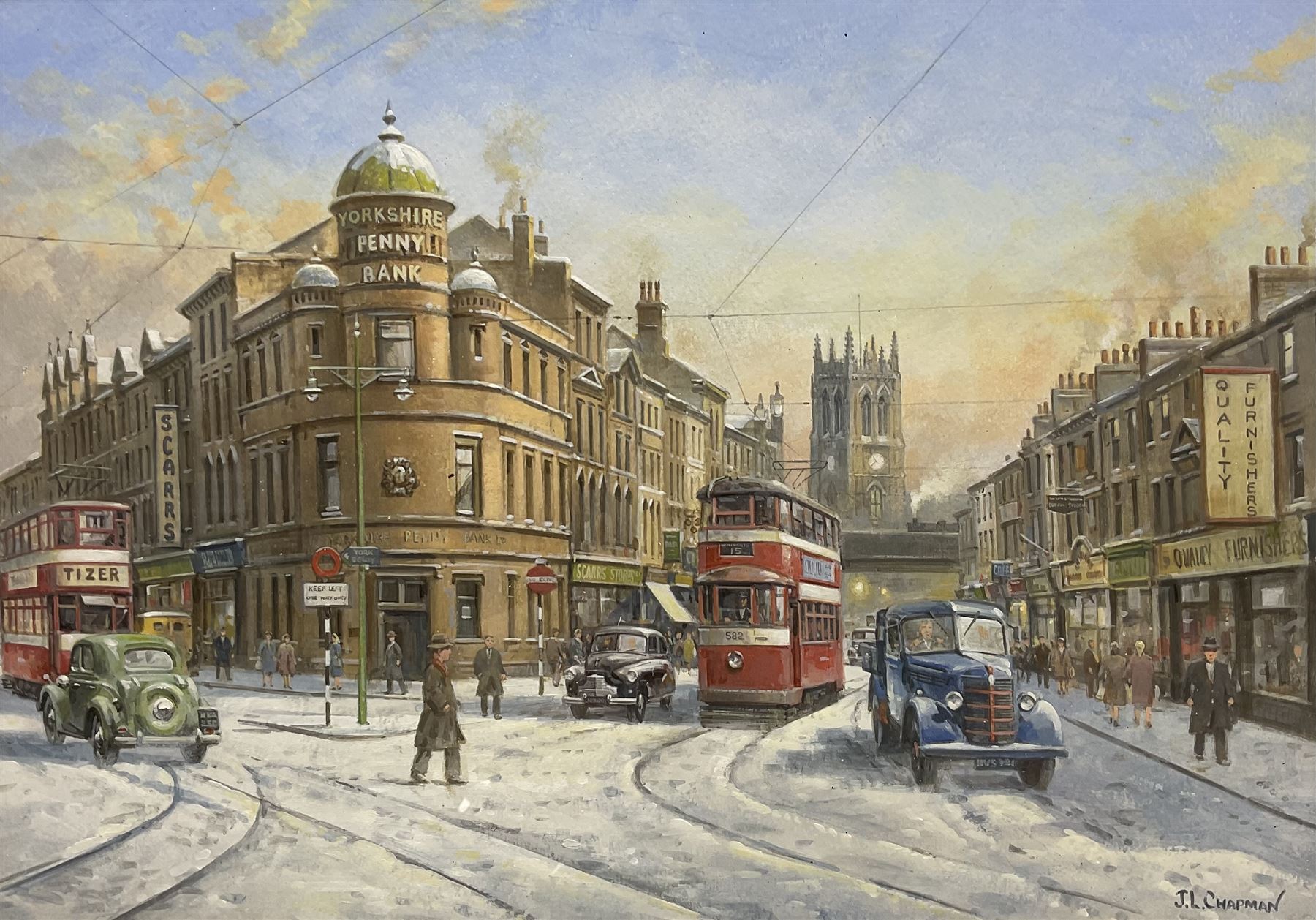 John Lewis Chapman (British 1946-): Yorkshire Penny Bank in the Snow - Leeds, gouache signed 24cm x 34cm