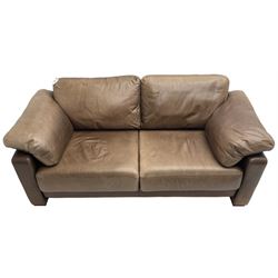 Heals - contemporary two seat 'Palermo' sofa, upholstered in chocolate brown leather, raised on wooden block feet
