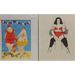 S Barnes (British Contemporary): 'The Bathers', watercolour unsigned 40cm x 30cm; Kay Scott (British Contemporary): 'Bertha Bud', screenprint signed titled and numbered 6/20 in pencil 40cm x 24cm; Ann Edwards (British Contemporary): 'Well Coordinated' and 'Foo Foo Lamar', pair screenprints signed titled and numbered in pencil 30cm x 24cm (4) (unframed)